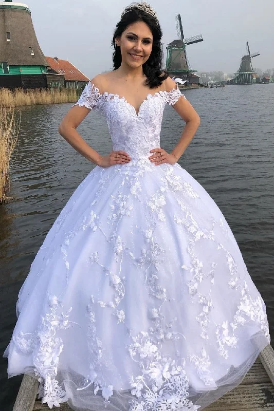 Floral Lace White Wedding Gown Off-the-shoulder