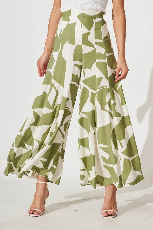 Effenty Pants In Olive And Cream Geometric Print