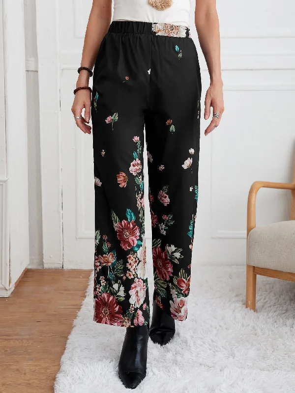 Casual Floral High Waist Long Women Pants