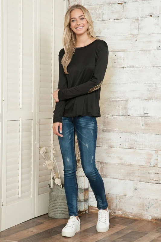 Solid Long Sleeve Sequin Elbow Patch Top