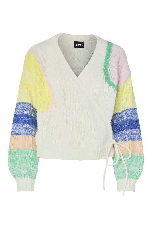 Pieces - Pcselja Ls Wrap Knit Cardigan - 4699796 Cloud Dancer Colorfull Pattern