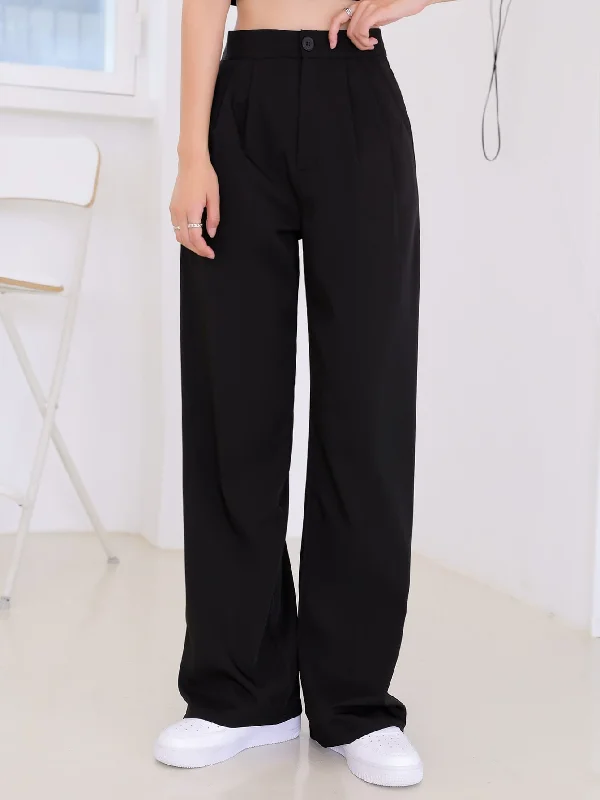 Casual Plain Pocket High Waist Long Women Pants