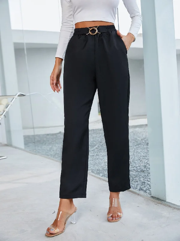 Elegant Plain Ring High Waist Cropped Women Pants