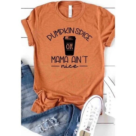 Heather Autumn Pumpkin Spice Mama Coffee Tee T-Shirt Graphic Womens Casual