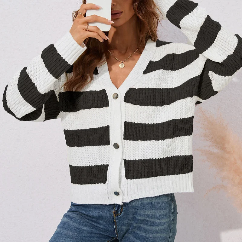 V-Neck Colorblock Long-Sleeve Striped Sweater Wholesale Cardigan