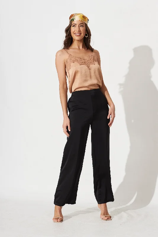 Charlene Wide Leg Pants In Black Satin