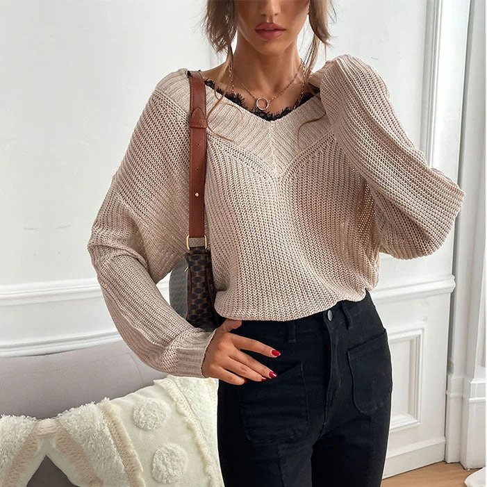 Casual Lace Paneled Solid Color Long Sleeve Loose Wholesale Sweaters