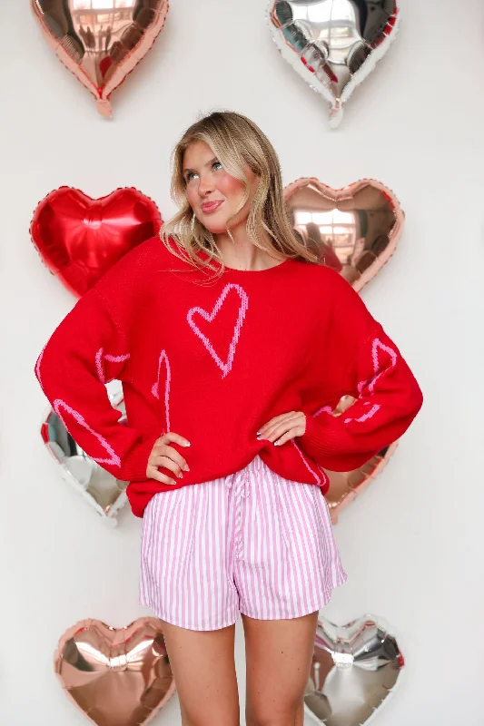 Pink Heart Sweater - Red