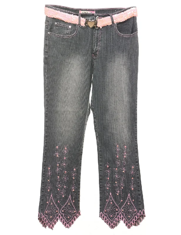 Black & Pink Sequined & Embroidered Y2K Jeans - W34 L32