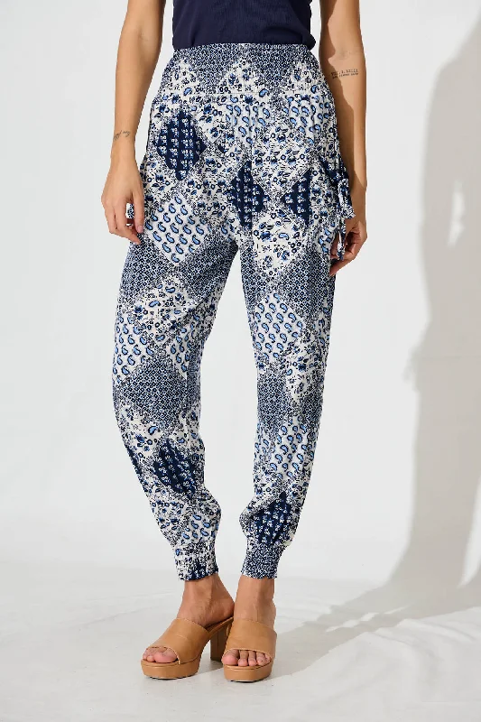 Gabby Lounge Pants In Navy With White Tile Print