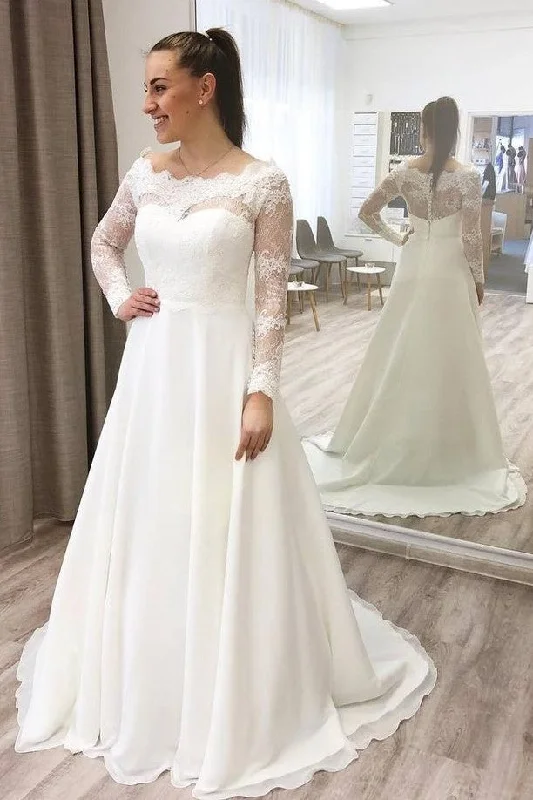 Lace Sheer Long Sleeves Bridal Gown with Chiffon Skirt