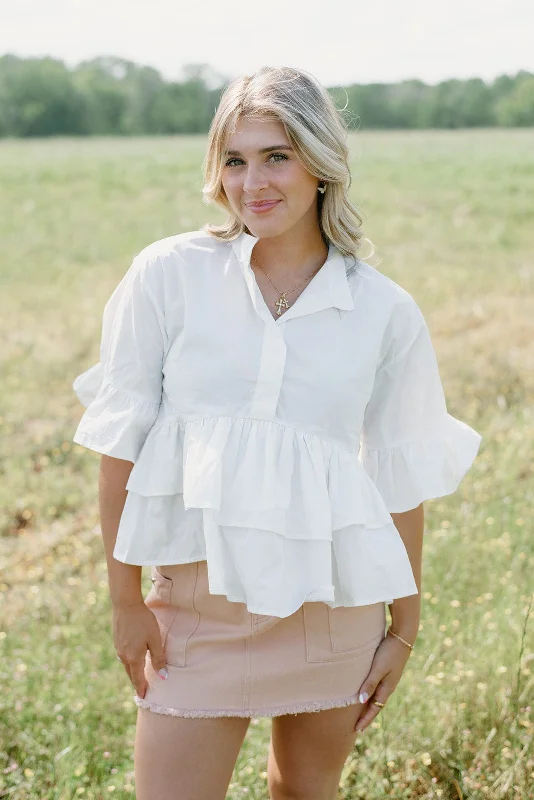 White Ruffle Detail Button Up Blouse