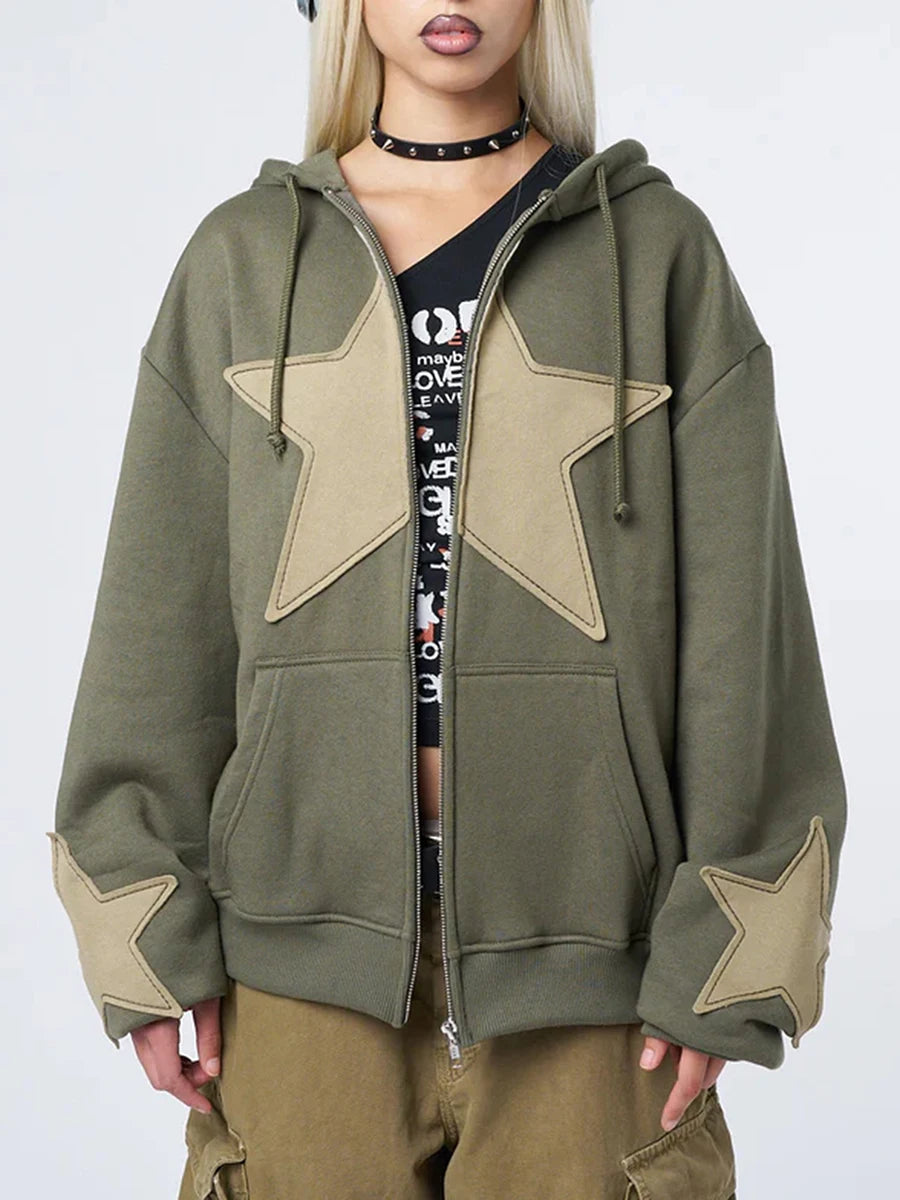 Y2K Vintage Star Print Hooded Casual Loose Long Sleeve Zip Up Hoody