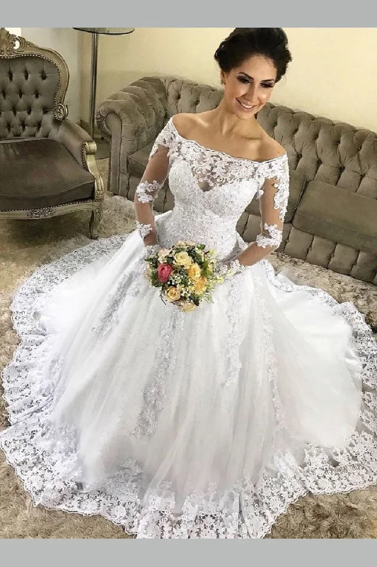 Elegant Off-the-shoulder Lace Wedding Gown Long Sleeves