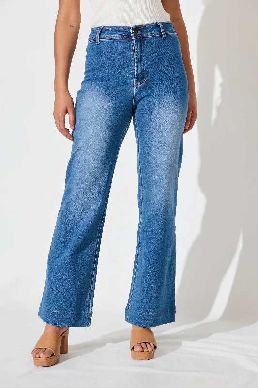 Delina High Rise Wide Leg Jean In Mid Blue Denim