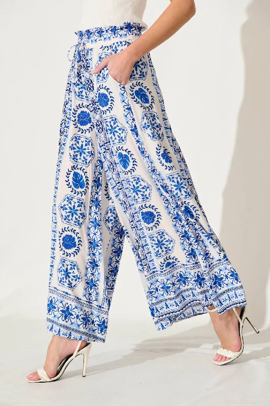 Mariah Pant In White With Blue Tile Border Print