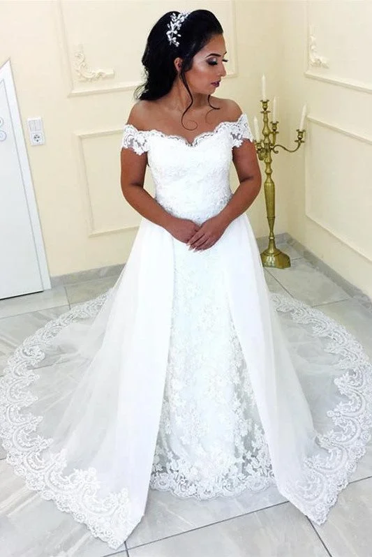 Off-the-shoulder Lace Sheath Wedding Gown with Tulle Train