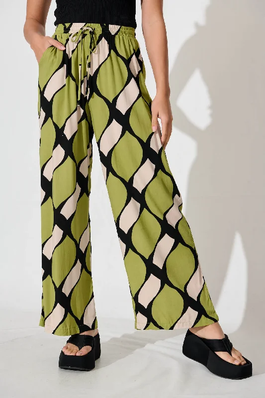 Cordova Pant In Green With Black And White Print