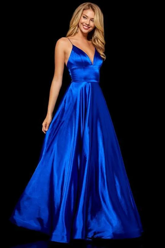 Sherri Hill - V Neck Spaghetti Straps A-Line Satin Dress 52195 - 1 pc Dark Royal In Size 00 Available