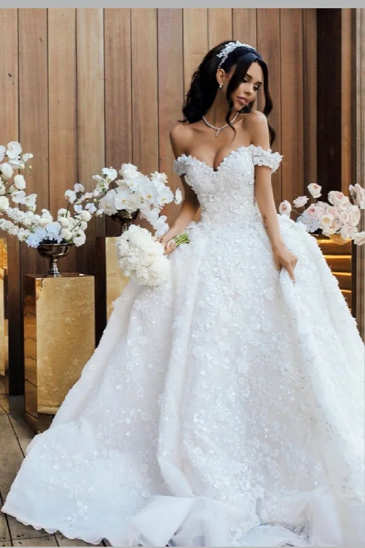 Off-the-shoulder White Princess Flower Wedding Dresses with Long Train