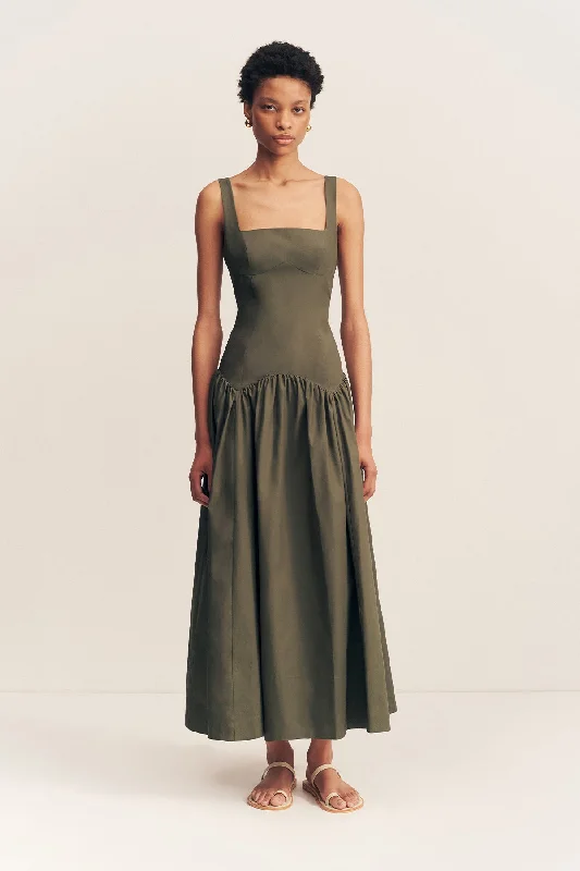 MAIORI SQUARE NECK MIDI DRESS - ARMY GREEN