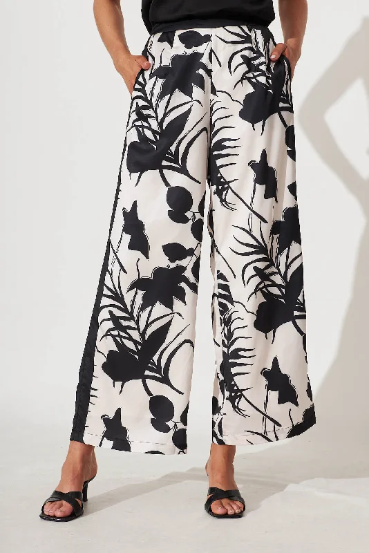 Jenson Pant In Black And White Leaf Print Satin