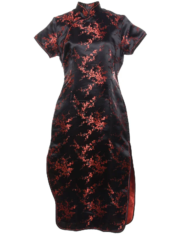 Black & Red Traditional Metallic Evening Dress - L