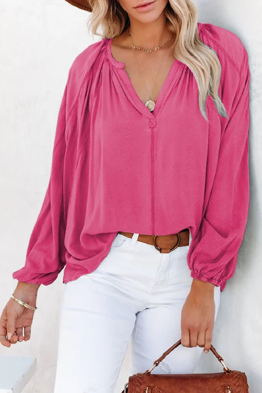 Rosy Casual Plicated Detail V Neck Blouse