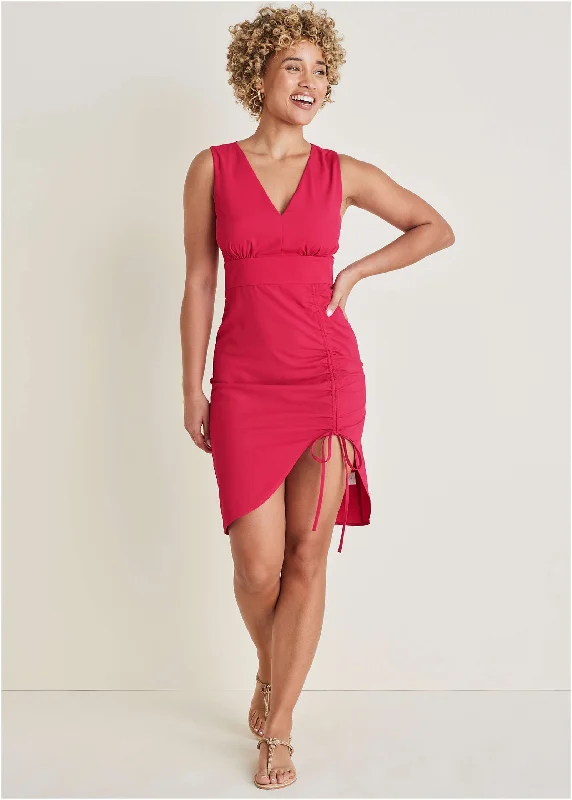 Ruched Side High Low Dress - Red