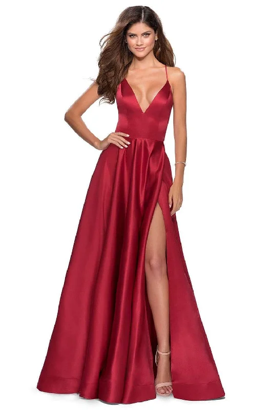 La Femme - Plunging V-Neck Fitted Satin A-Line Dress 28628SC