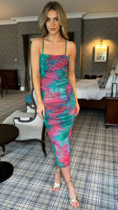 Cliona Green & Purple Printed Cami Strap Midi Dress