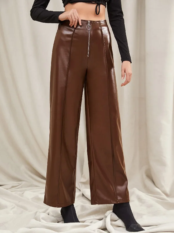 Casual Plain Zipper High Waist Long Women Pants