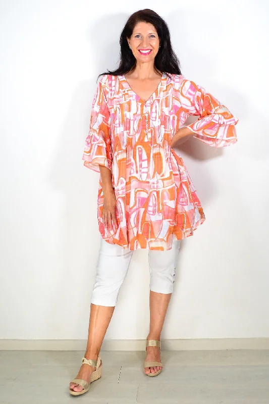 Orange White Pattern Ladies Tunic Top