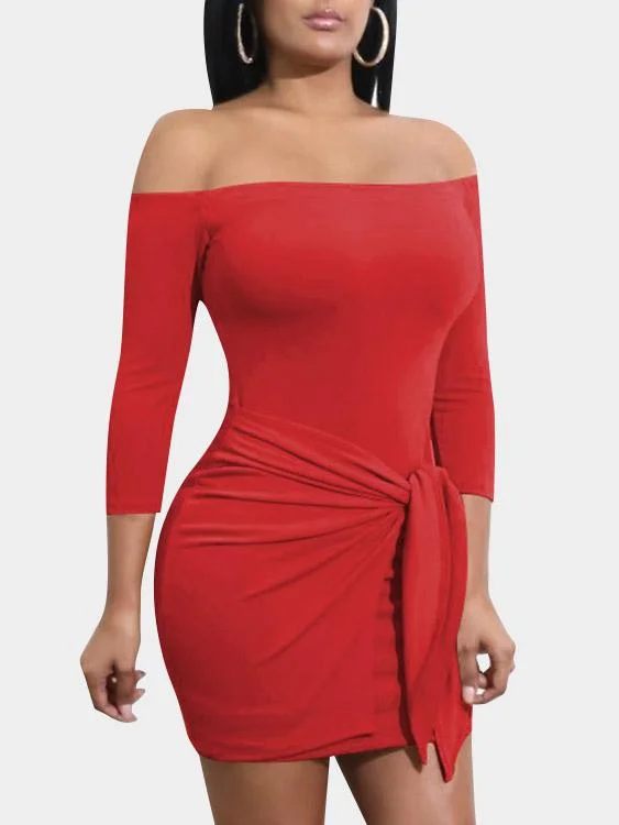 Wholesale Red Off The Shoulder 3/4 Sleeve Length Bodycon Hem Mini Dress