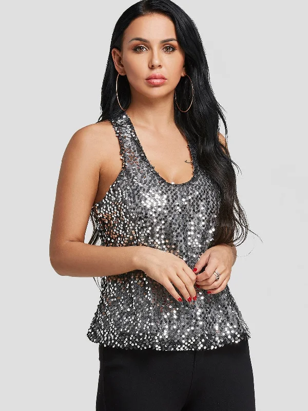 Custom Scoop Neck Sequins Embellished Sleeveless Tank Top