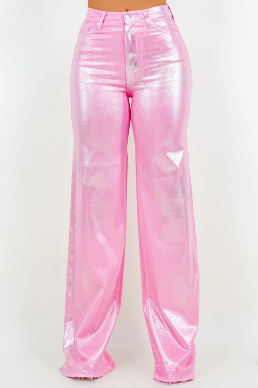 Metallic Wide Leg Jean In Pink - Inseam 32