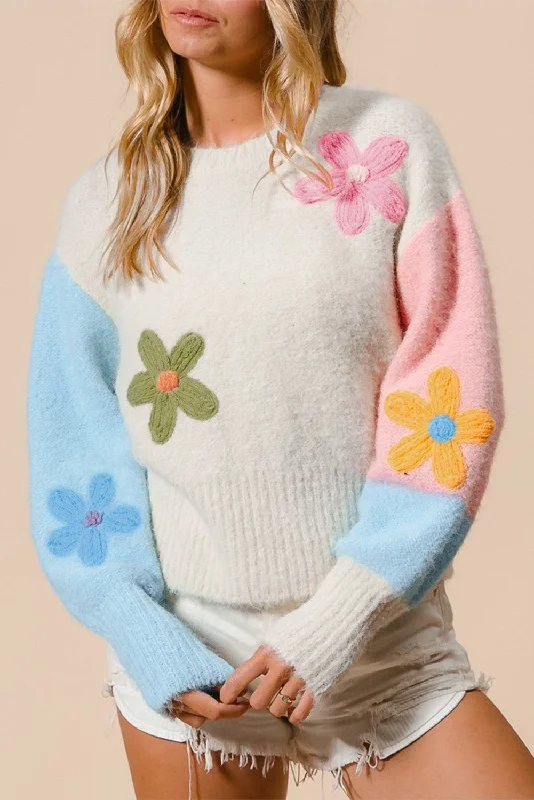 KaleaBoutique Floral Embroidered Colorblock Fuzzy Drop Shoulder Sweater