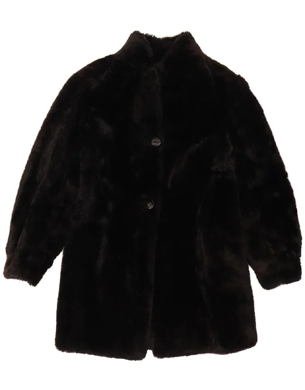 VINTAGE Womens Faux Fur Overcoat UK 10 Small Black