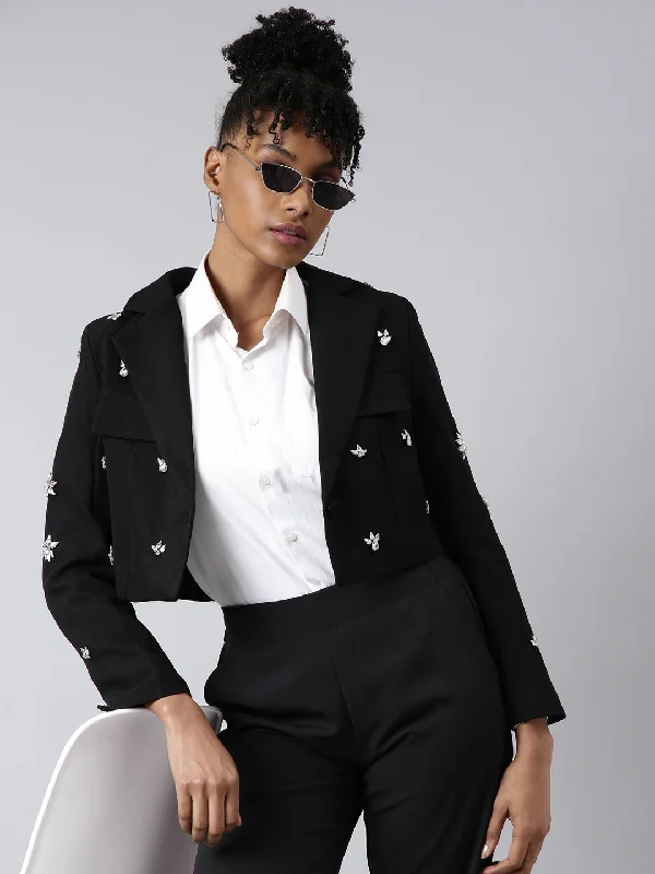 Women Black Solid Single Breasted Crop Blazer