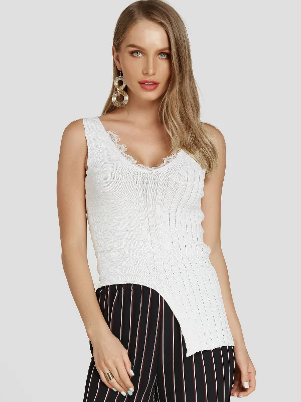 Custom Asymmetrical Lace Sleeveless White Tank Top