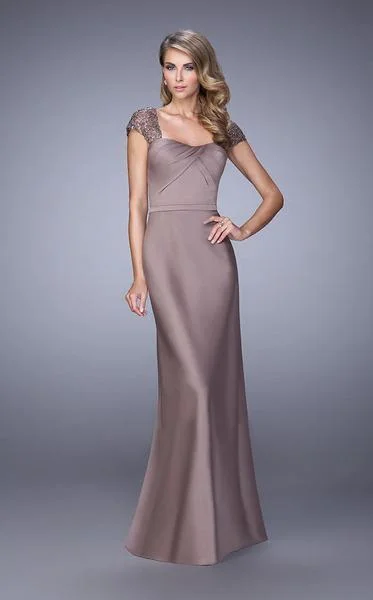 La Femme - Embroidered Modified Sweetheart Satin Dress 21654SC - 1 pc Cocoa in Size 2  Available