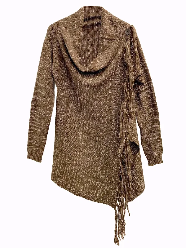 Brown Knit Asymmetrical Draped Sweater With Fringe