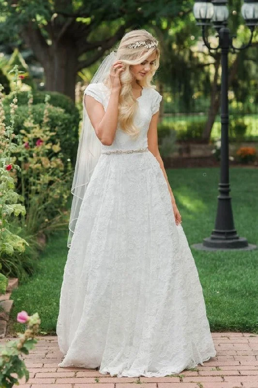 Lace Cap Sleeves Modest Wedding Gown Dress with Jewelry Belt