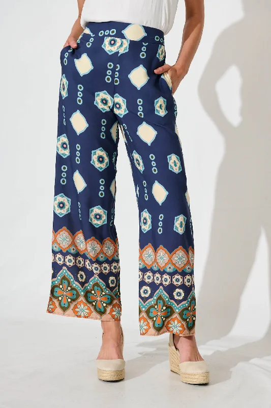 Windham Pant In Navy With Tan Boho Print