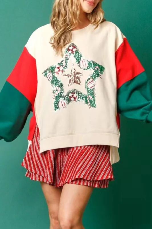 Apricot Sequin Christmas Star Color Block Sleeve Side Slits Sweatshirt