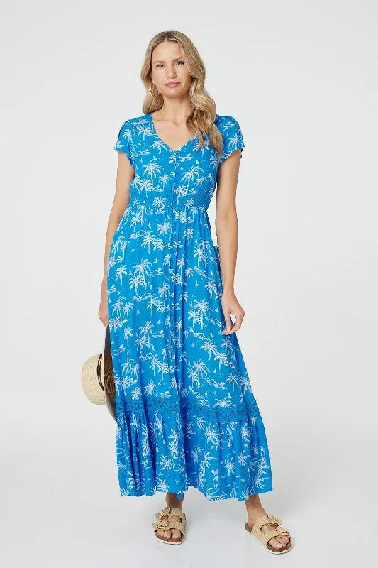 Tropical Print Angel Sleeve Maxi Dress