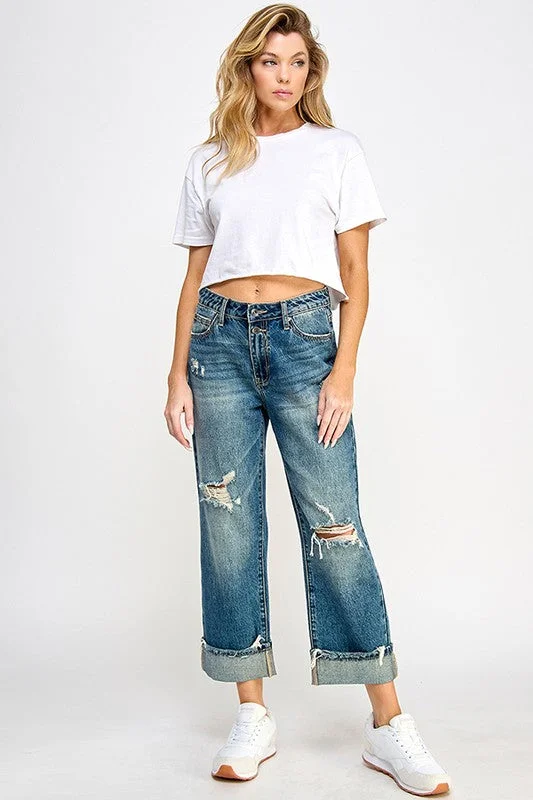 High Rise Distressed Cuffed Straight Jeans