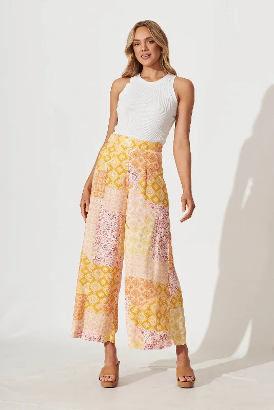 Mahalo Wide Leg Pant In Orange With Yellow Multi