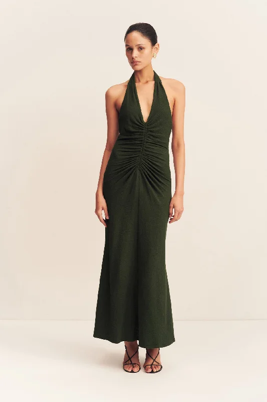 BEAU HALTER RUCHED MIDI DRESS - ARMY GREEN