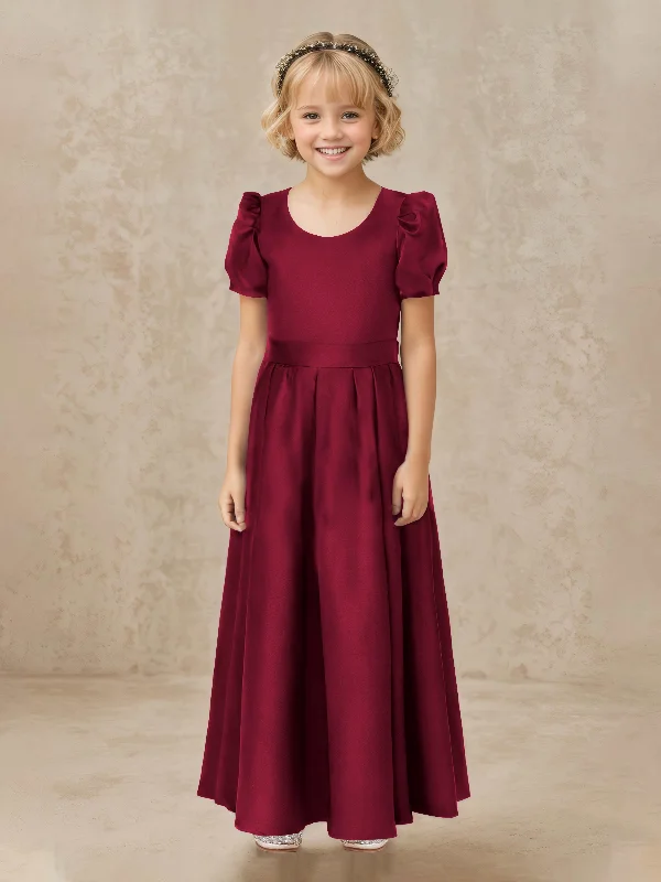 Modern Round Neck Short Sleeves Satin Long Flower Girl Dresses